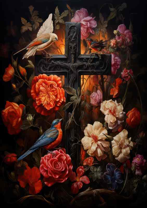 he Cross and Nature Finding Peace among Flowers and Birds | Canvas