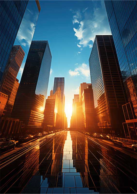 Towering Skyscrapers in a city low sun rising | Di-Bond
