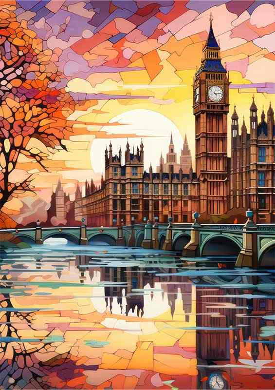 Big Ben London water reflection and dusk sky painted style | Poster