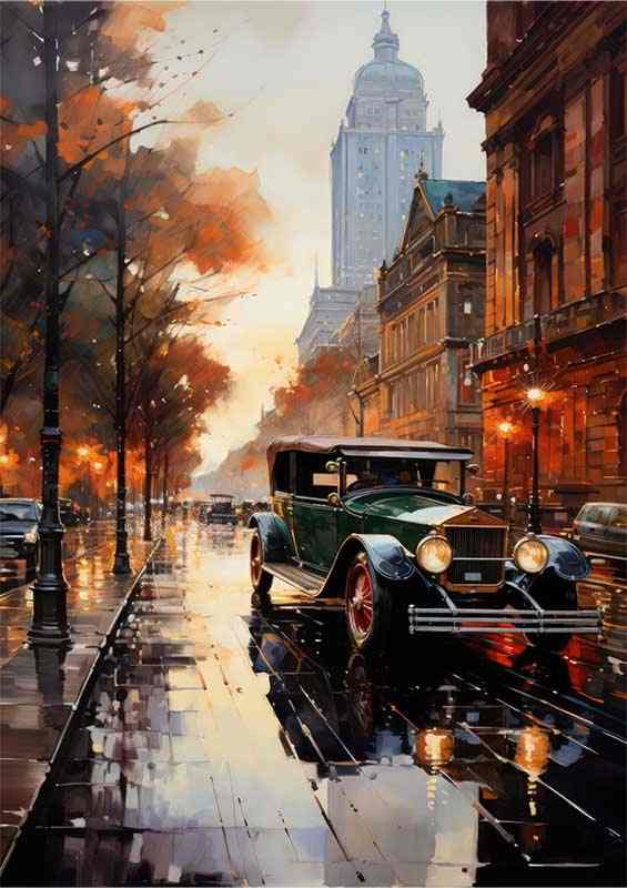 New York painted effect street scene with old car | Di-Bond