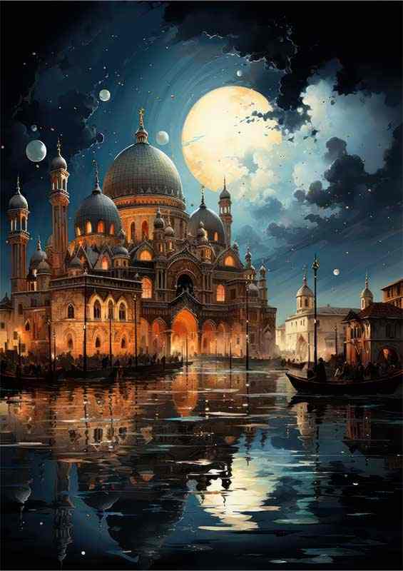 Venice A view from the water with the moon reflecting | Poster