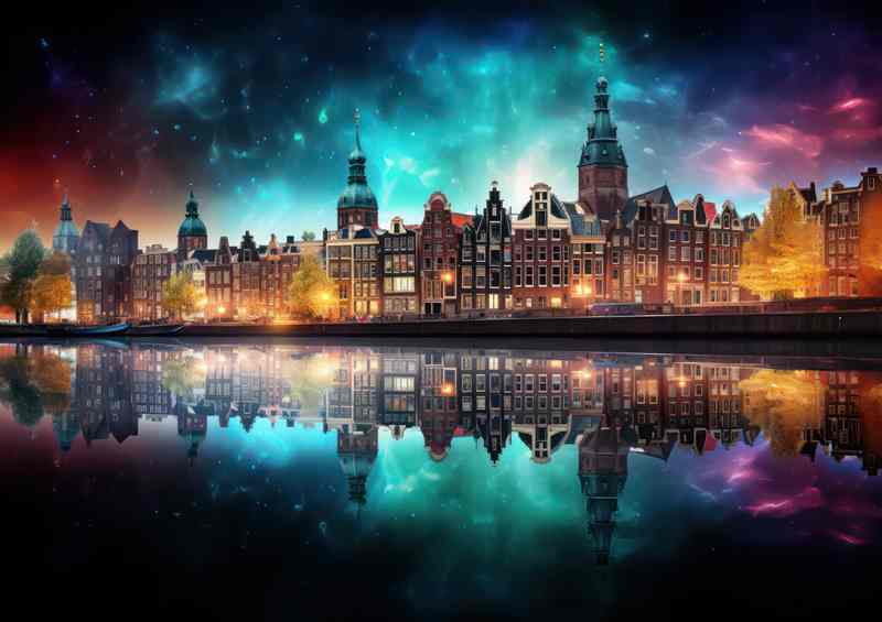 Amsterdam Skyline at Night | Canal Reflection Poster