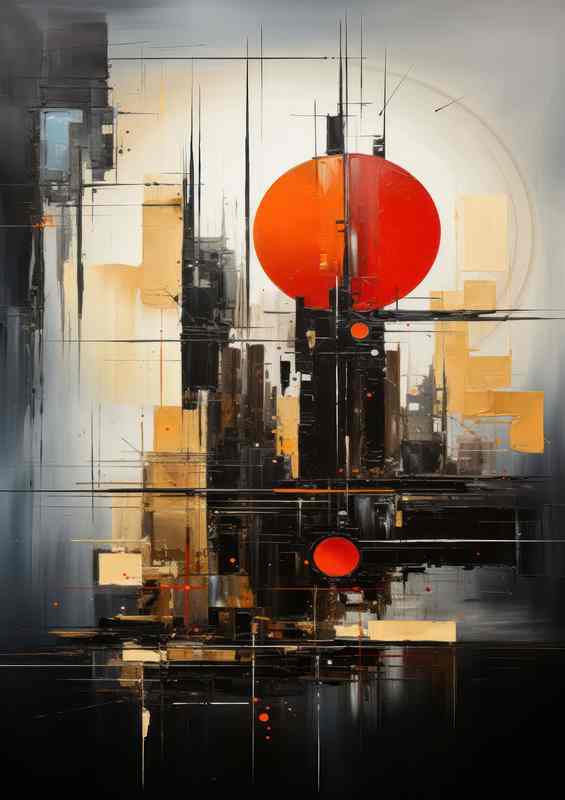 Painting Abstract a red ball and square blocks | Metal Poster
