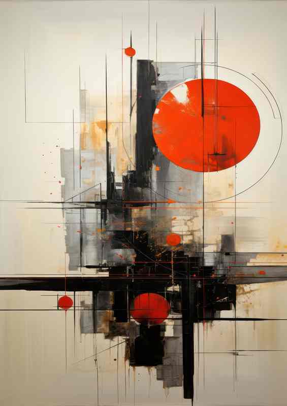 Painting Abstract a red ball and straight lines | Canvas
