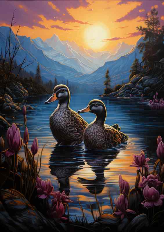 A pair of Ducks on the river with the mountains behind them | Canvas