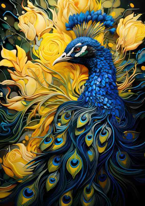Blue Peacock surrounded by yellow flowers | Di-Bond