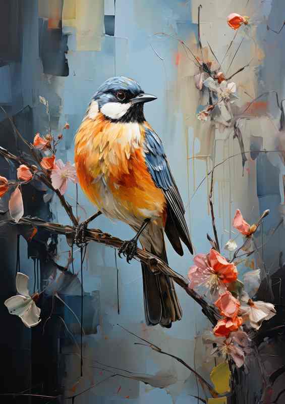 Blue tit bird with a blue banckground on a perch | Metal Poster