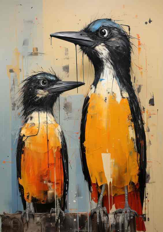 Colourful Birds od art on a yellow background | Poster