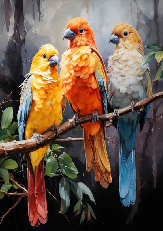 Colourful birds on a branch talking to each other | Di-Bond