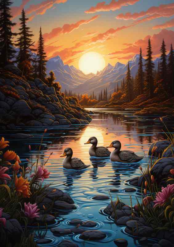 Ducklings in the mountains on the river side | Poster