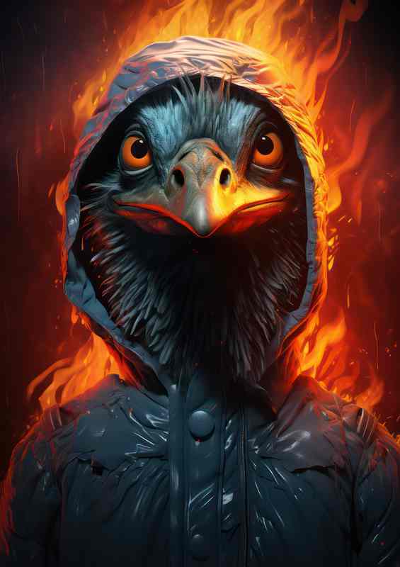 Emu in the hoodie with flames in the background | Canvas