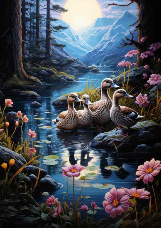 Family of Ducks In a woodland with mountains behind | Canvas