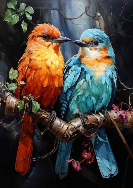 Love Birds on a branch looking at each other | Canvas