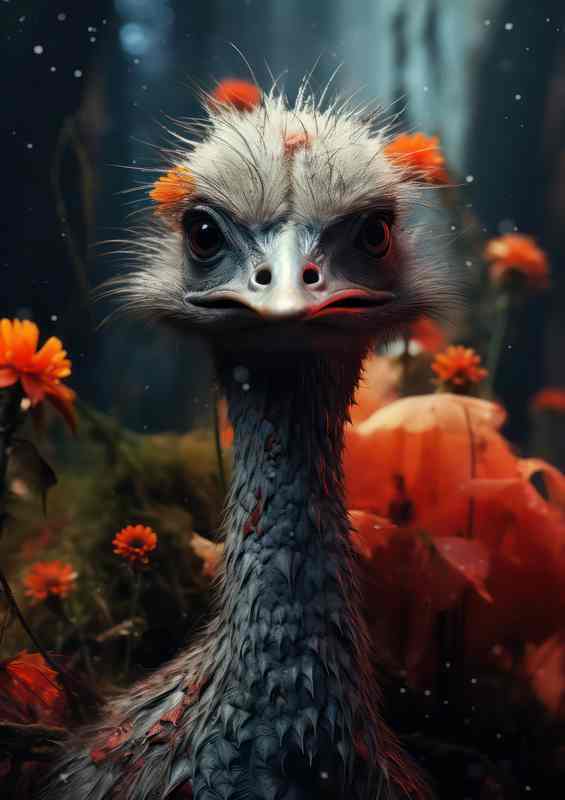 Ostrich in the woods with orange flowers | Metal Poster