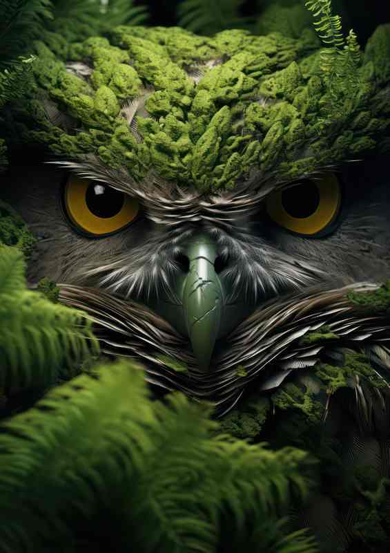 Owl with green moss hidden in the trees | Poster