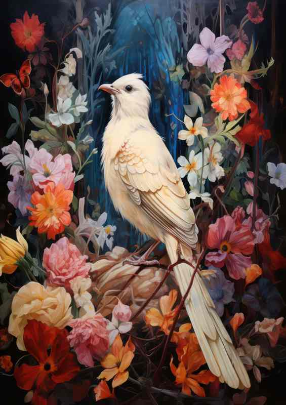 Painted dove art style embraced in flowers | Poster