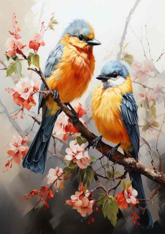 Painted style birds surrounded by flowers | Metal Poster