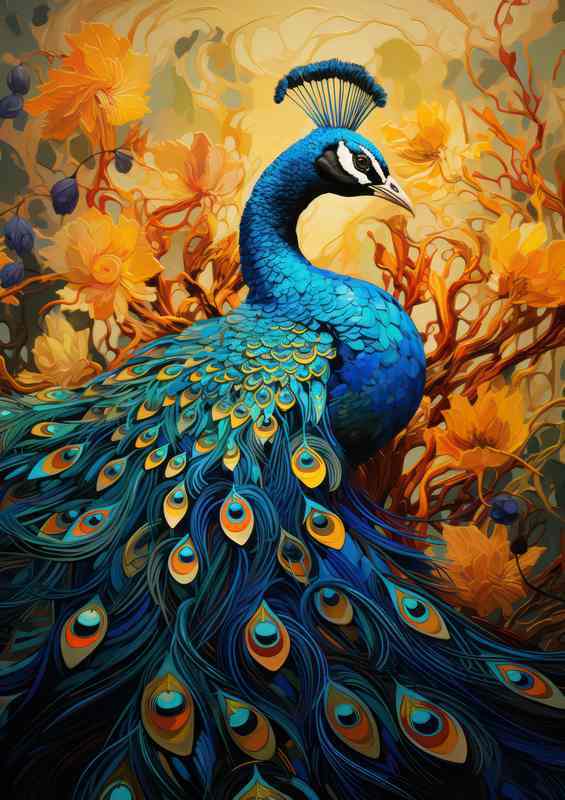 Peacock and Flower Harmony Natures Colorful Symphony | Poster