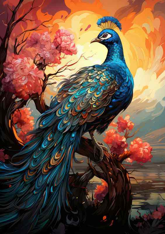 Peacock on a branch with red flowers looking at the lake | Canvas
