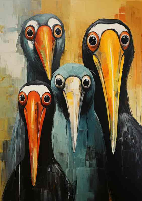Pelicans with a yellow background painted aart style | Poster