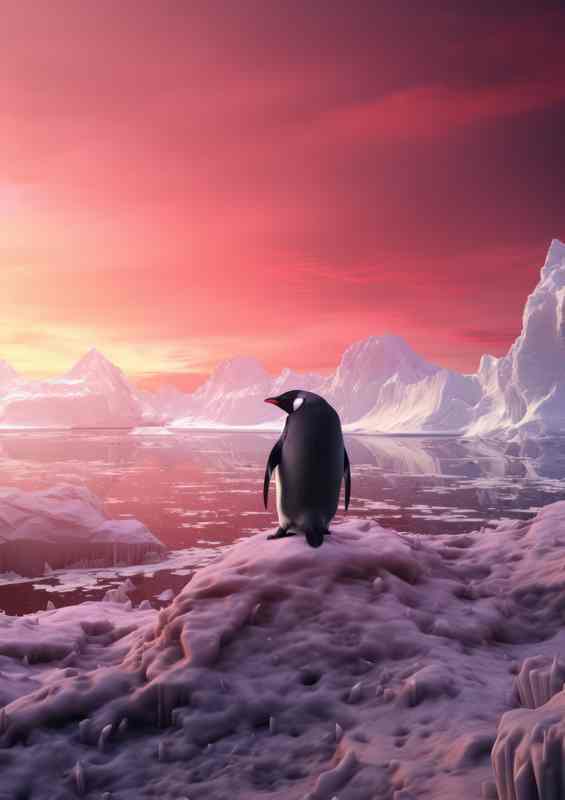 Penguin alone on a ice rock with a purple haze | Metal Poster