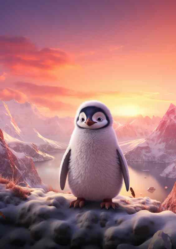 Penguin alone with the setting sun and purple sky | Metal Poster