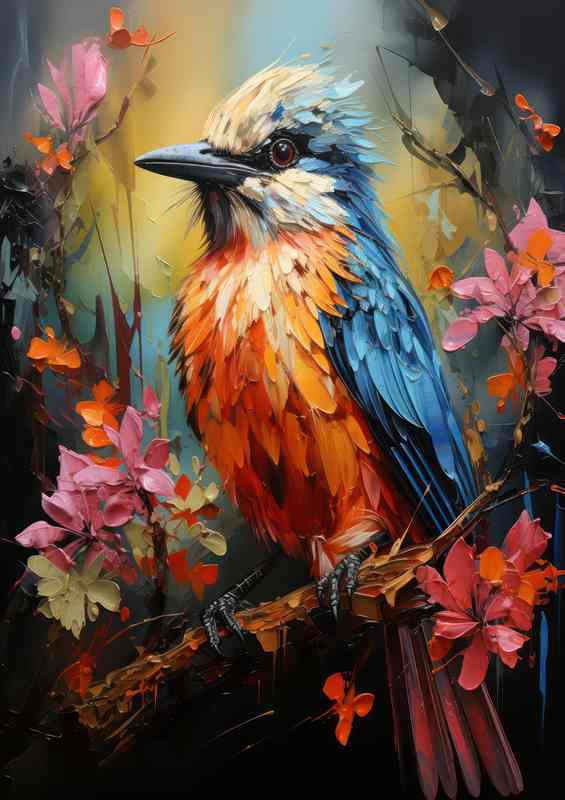 Small bird orange chest blue wings coloured flowers | Poster
