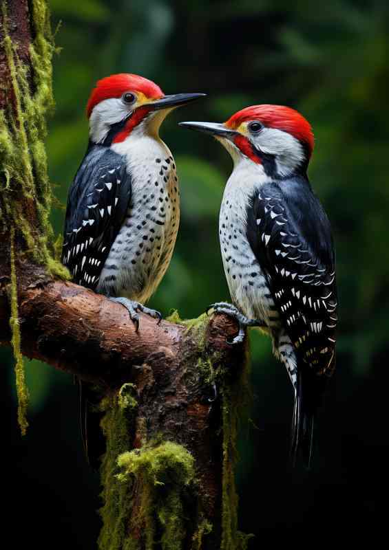 Spotted Woodpeckers on a branch in the woods | Poster