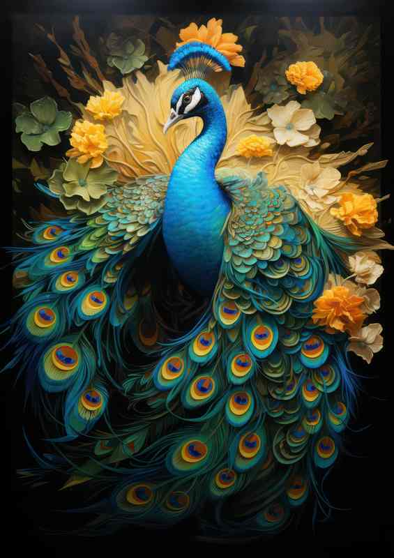 The Majestic Peacock A Dance of Colors Amidst Blooms | Poster