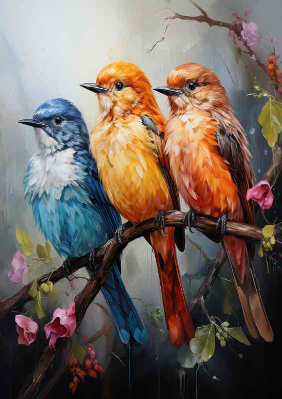 Three Birds amazing colours on a branch singing | Di-Bond
