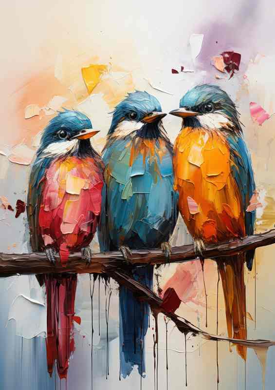 Birds Perch Metal Poster Yellow Blue Red