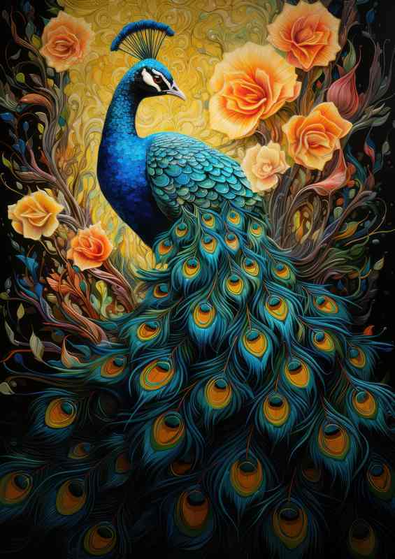 Vibrant Peacocks and Exquisite Flowers A Captivating Duo | Poster