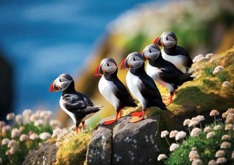 A group of puffins on the cliffs | Canvas