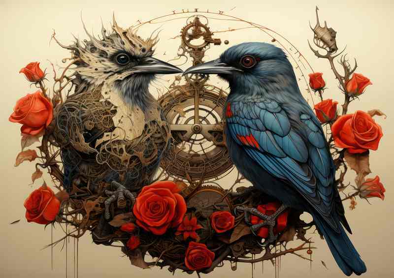 A nice pair of Birds on a perch with red roses | Poster