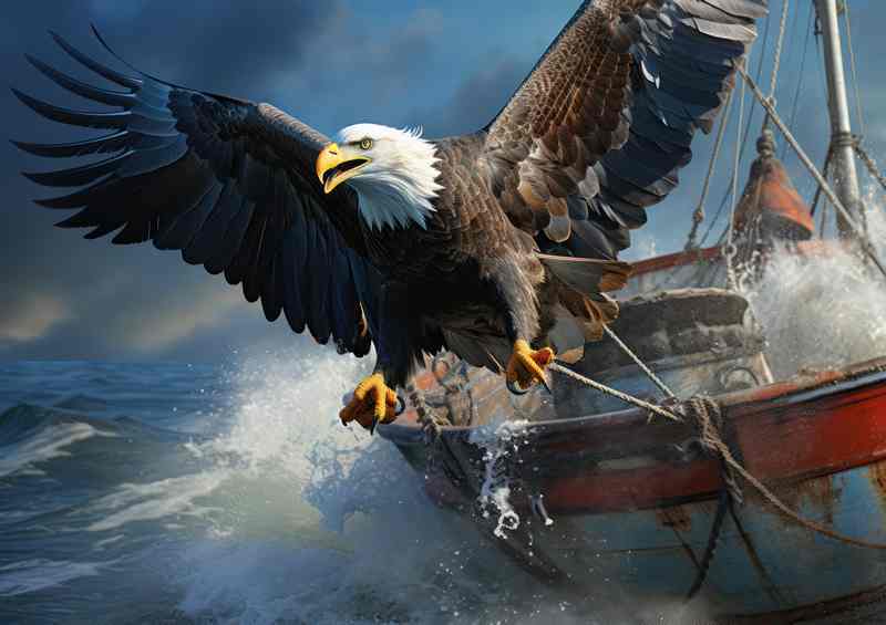 Bald Eagle at sea next to boat | Poster