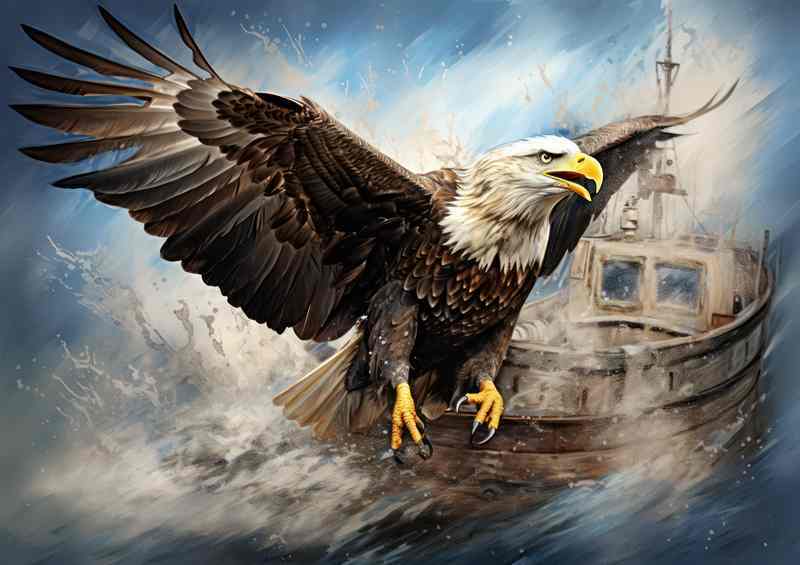Bald Eagle soaring on a fishing boat | Poster
