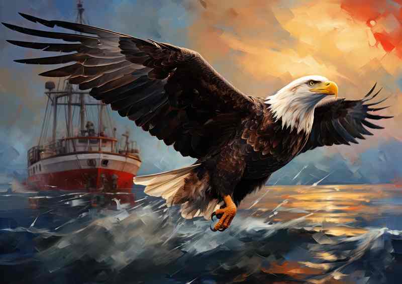 Bald Eaglel Looking for food next to the fishing boat | Poster