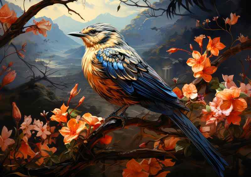 Bird overlooking the vally surrounded by flowers | Poster