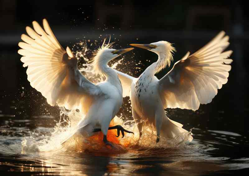 Birds Egrets fighting in the water full display | Di-Bond