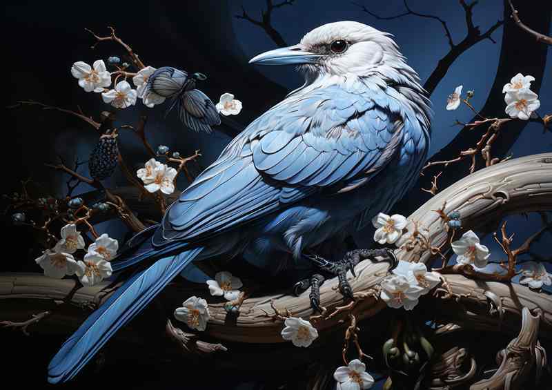 Blue and white bird on a perch with flowers | Di-Bond