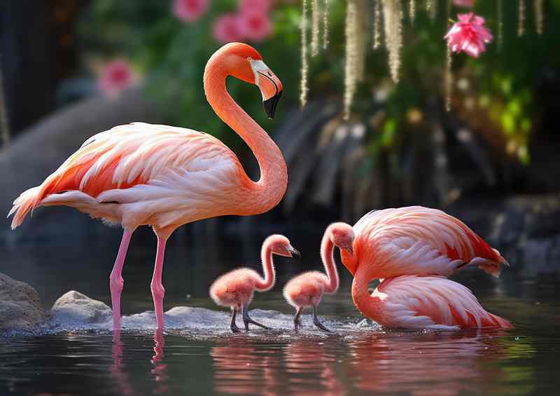 Flamingo family playing in the lake | Canvas