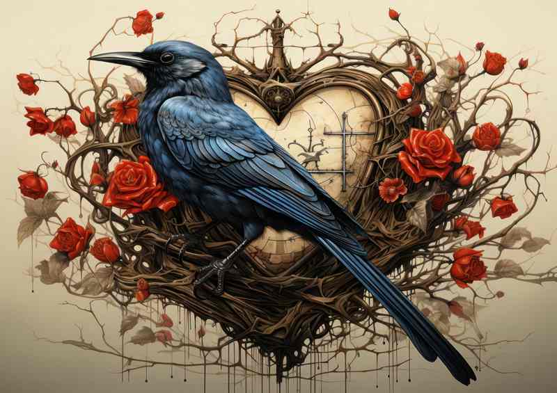 Jackdaw with red roses and love | Di-Bond