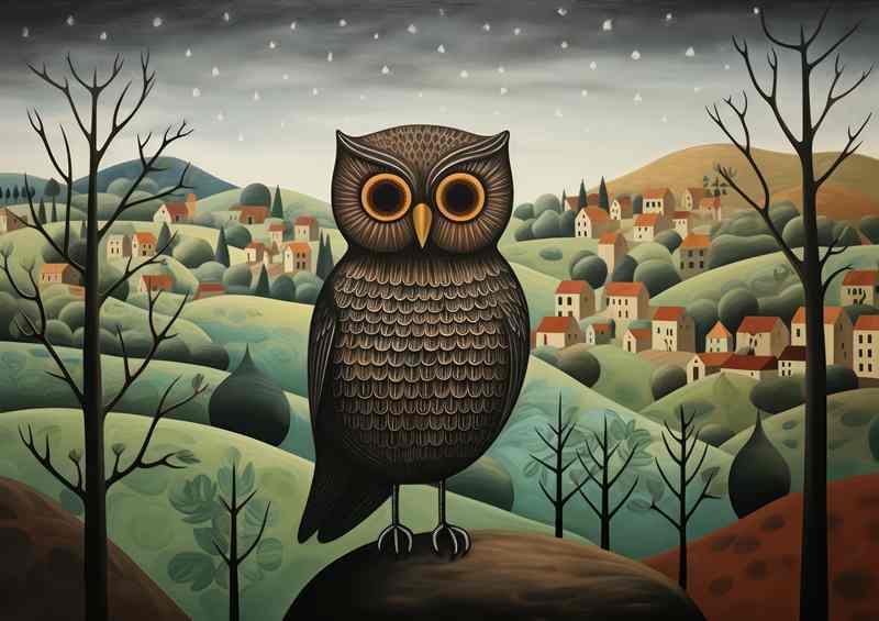 Owl on a rock waiting for prey in the countryside | Metal Poster