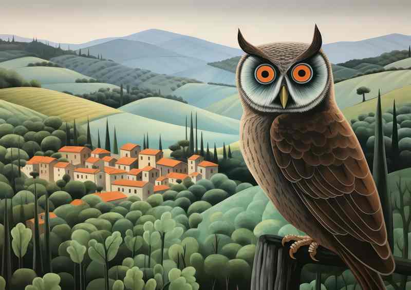 Owl overlooking the houses in the background | Canvas