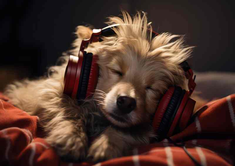 A dog is wearing headphones and sleeping | Poster