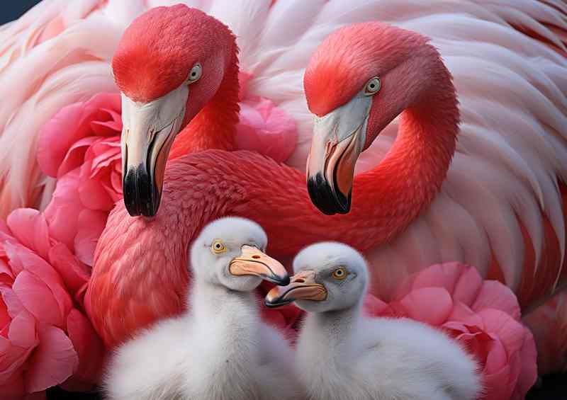 Pink Flamingos and Their Adorable Chicks A Family | Di-Bond