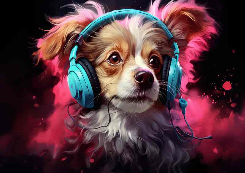 A small dog listening to music and headphones | Poster