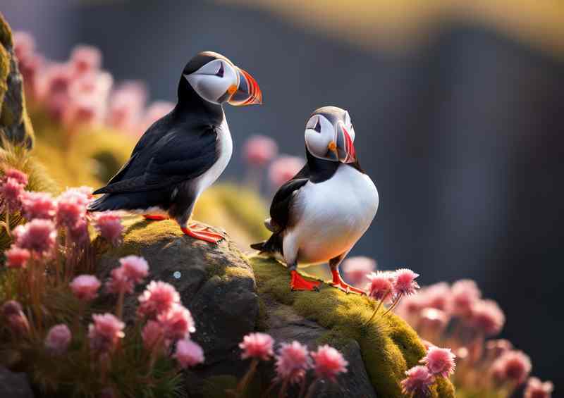 Puffins in Iceland on the cliff top | Poster