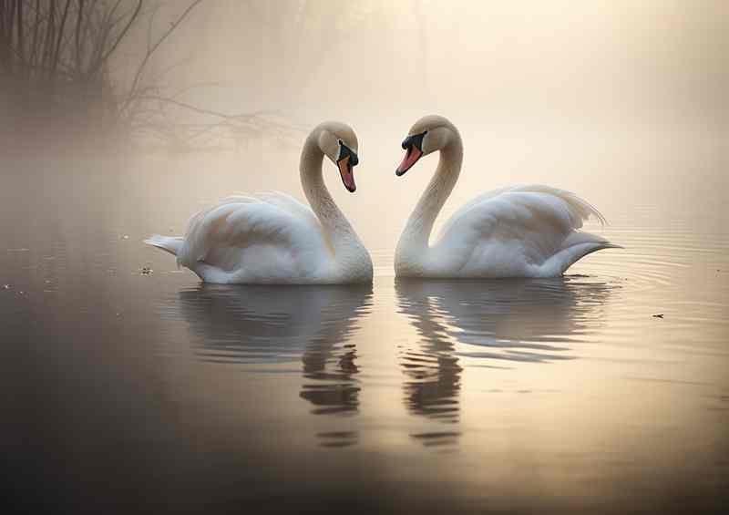 Sawns on the lake in love surrounded by mist | Poster