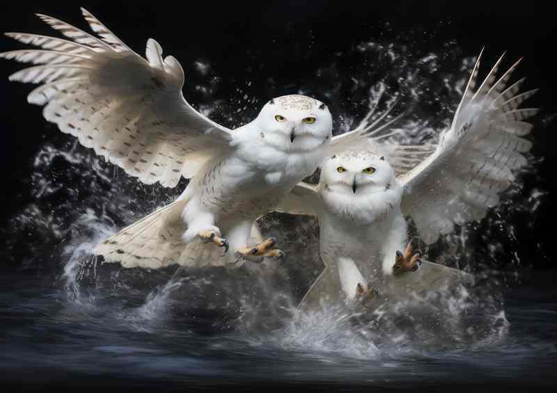 Snowy owls in mid flight over water | Poster